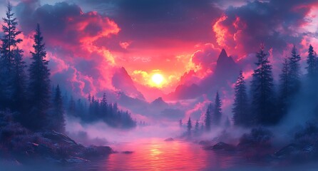 Obraz premium Sunset casting a warm glow over a river