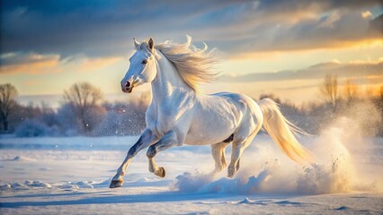 Majestic White Horse Trotting Through Snowy Landscape - Long Exposure Photography