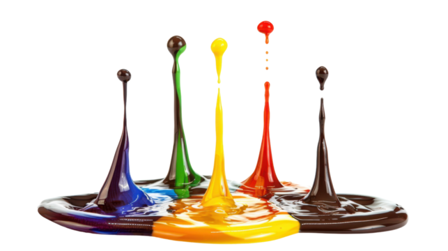 Melting drops colorful black paint on transparent background 