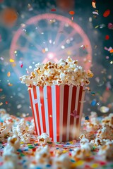 Carnival popcorn box with festive confetti and Ferris wheel in background
