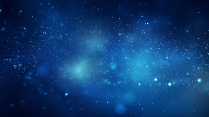 Particules scintillantes et brillantes volant sur fond bleu. Lumière bleutée, paillettes blanches et flou. Fond pour bannière, conception et création graphique.	