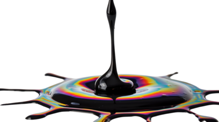 Melting drops colorful black paint on transparent background 