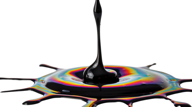 Melting drops colorful black paint on transparent background 