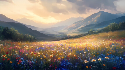 Serene meadow at dusk with vibrant wildflowers golden hour lighting ethereal mist and rolling hills in a tranquil atmospheric and dreamlike landscape. Twilight Meadow. Illustration