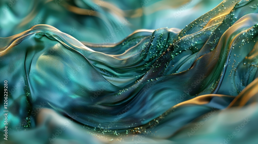 Poster flowing green abstract waves of digital art create a modern and serene environment in a close-up vie