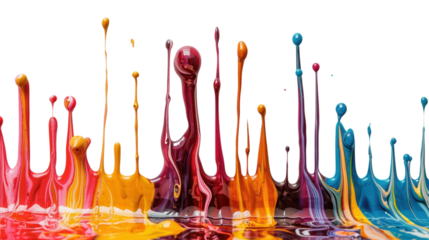 Melting drops colorful black paint on transparent background 