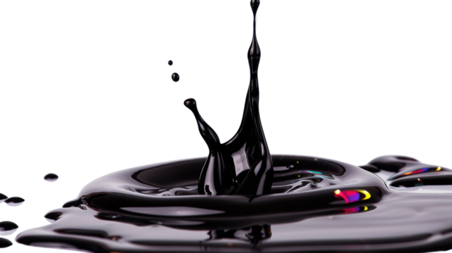 Melting drops colorful black paint on transparent background 