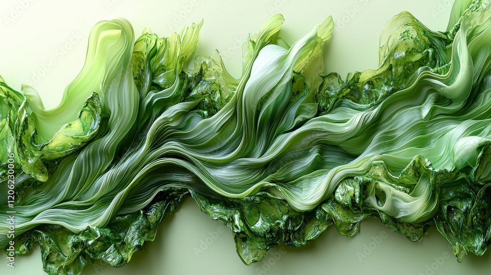 Poster flowing green abstract waves in digital art form a tranquil, modern aesthetic environment with a clo
