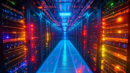 The interior of a technologically advanced data server hall, glowing with vibrant colors from the multiple LED lights, creating a futuristic ambiance.