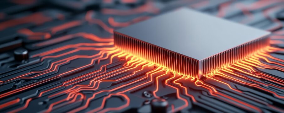 High-efficiency heat sink glowing with mapped thermal conduction lines