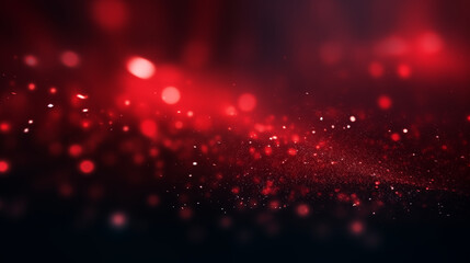 Particules scintillantes et brillantes volant sur fond sombre, rouge et noir. Lumi&egrave;re rouge, paillettes et flou. Fond pour banni&egrave;re, conception et cr&eacute;ation graphique.	