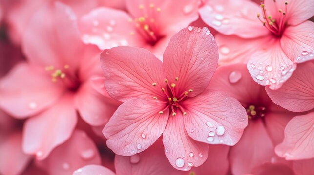 Delicate pink cherry blossoms adorned with dew droplets create a serene and refreshing atmosphere, embodying the essence of new beginnings and tranquility.