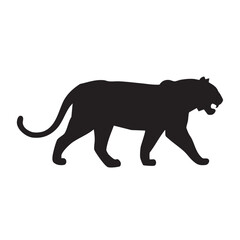 Obraz premium A flat silhouette of a tiger with its tail swishing, walking with confidence, black silhouette on a white background.