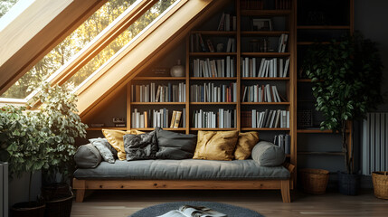 Obraz premium Rustic attic space with bookshelves and warm lighting