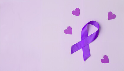 Purple ribbon with hearts on light background, Women's Day symbolism