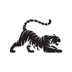 A flat silhouette of a tiger in a playful position, with its tail raised and body low, black silhouette on a white background.