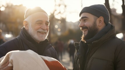 Elderly Man Receives Warm Blanket from Young Volunteer