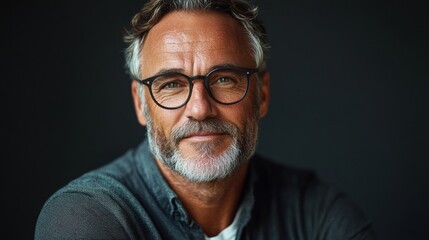Fototapeta premium A mature man with a confident and approachable demeanor, wearing glasses, gazes directly at the viewer, exuding wisdom and experience in an intimate portrait setting.