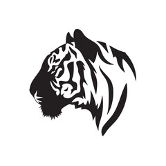 A flat silhouette of a tiger’s head in profile, with distinct stripes and sharp features, black silhouette on a white background.