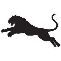 A flat silhouette of a tiger leaping mid-air, with claws extended and body stretched, black silhouette on a white background.