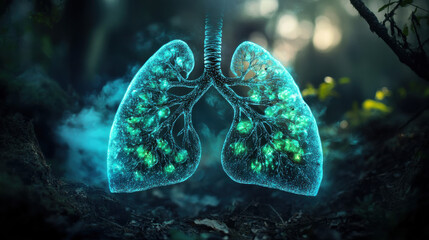A breathtaking depiction of lungs crafted from glowing bioluminescent fungi, dark ethereal forest background, soft blue and green hues illuminating the edges