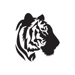 A flat silhouette of a tiger’s head in profile, with distinct stripes and sharp features, black silhouette on a white background.
