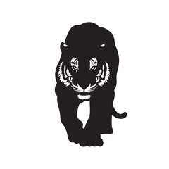 A flat silhouette of a tiger in a stalking position, with its eyes narrowed and body poised, black silhouette on a white background.