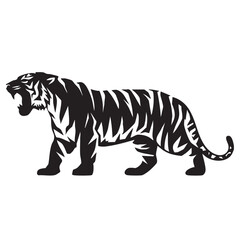 A flat silhouette of a tiger roaring with its mouth wide open, black silhouette on a white background.
