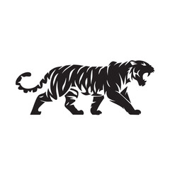 A flat silhouette of a tiger roaring with its mouth wide open, black silhouette on a white background.