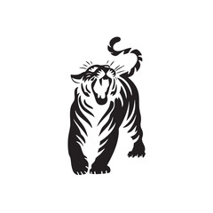 A flat silhouette of a tiger roaring with its mouth wide open, black silhouette on a white background.