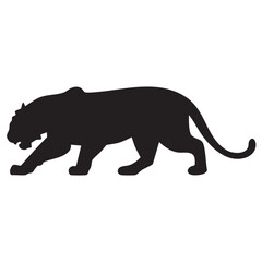 A flat silhouette of a tiger crouching low to the ground, ready to pounce, black silhouette on a white background.