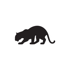 A flat silhouette of a tiger crouching low to the ground, ready to pounce, black silhouette on a white background.