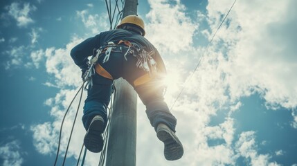 Utility Worker Climbing Pole with Tools in Daylight