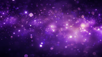 Particules scintillantes et brillantes volant sur fond violet, bleu, mauve. Lumière violette, paillettes et flou. Fond pour bannière, conception et création graphique.	