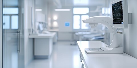 Precision healthcare technology revolutionizing patient care with digital interfaces and advanced medical devices in a bright clinic setting.