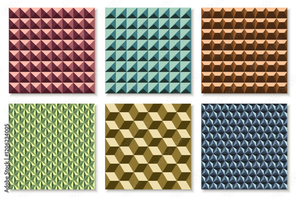 Poster collection of color seamless geometric 3d decorative textures. repeatable creative structure backgro