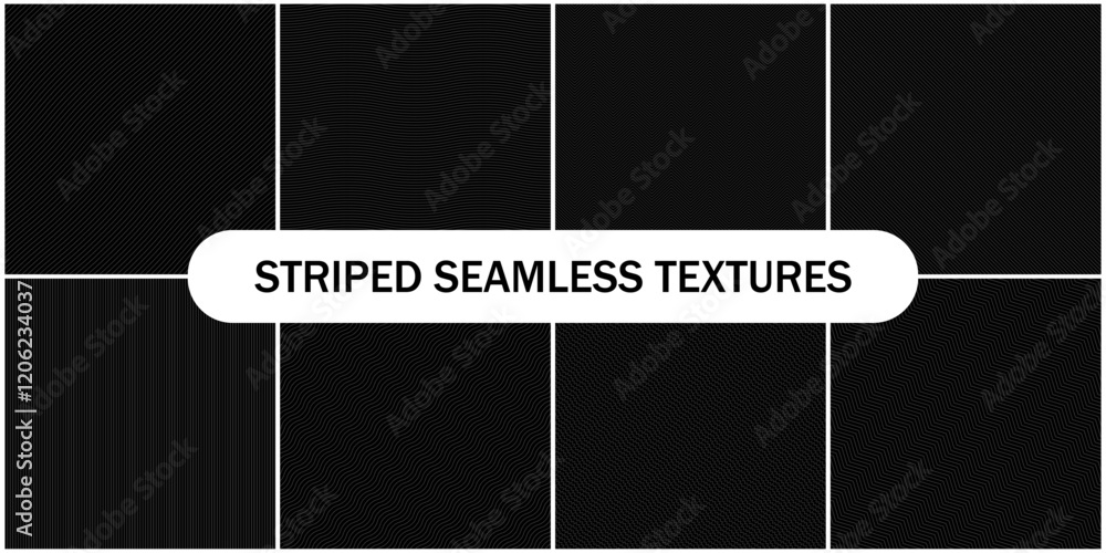 Poster collection of vector striped seamless geometric dark patterns. black backgrounds with endless curve 