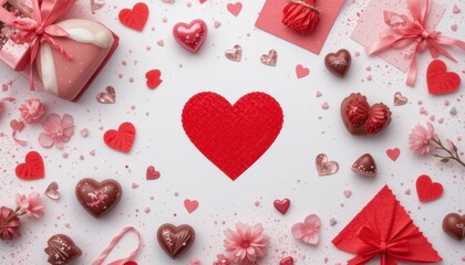 Valentine's-themed flat lay with chocolates and cards