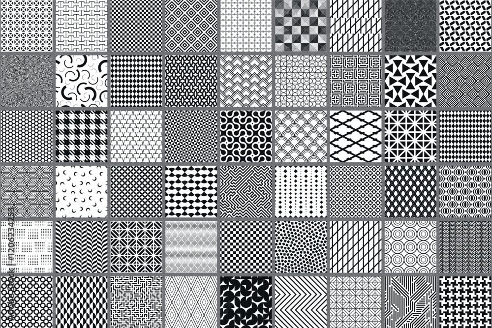 Aufkleber Collection of vector seamless geometric ornament patterns in different styles. Monochrome repeatable backgrounds. Endless black and white prints, quality fabric textures