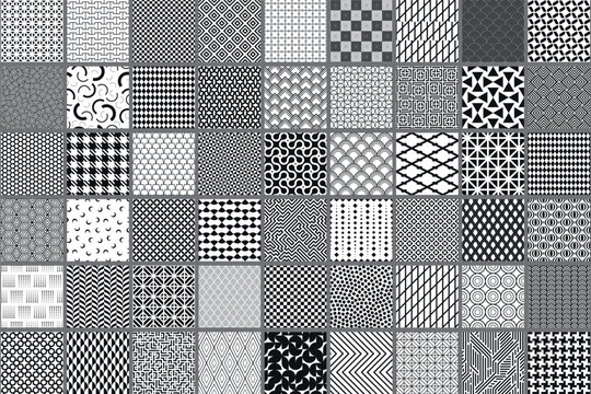 Collection of vector seamless geometric ornament patterns in different styles. Monochrome repeatable backgrounds. Endless black and white prints, quality fabric textures