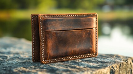 Handmade leather wallet resting on a stone surface under soft lighting