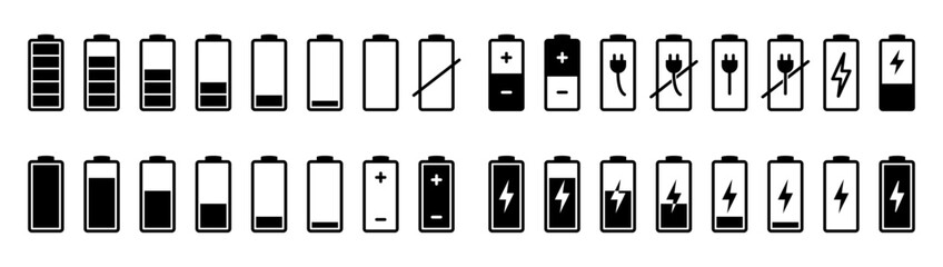 Fototapeta premium Battery charging icon. Battery charge indicator icons. Battery low, battery full icon.