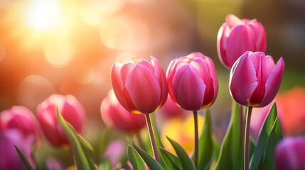 Vibrant pink tulips bloom under the golden light of sunrise, with soft sunlight creating a mesmerizing glow and enhancing their delicate beauty in a natural garden.