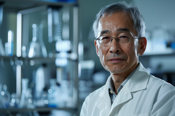 Photography of a portrait of a Japan scientist with the laboratory in the background.
