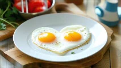 Heart-shaped scrambled eggs in the kitchen in the morning, Valentine's day breakfast