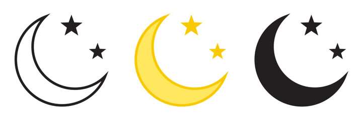 Crescent moon with stars icon. Night icon. Crescent moon icon yellow and black variatn.