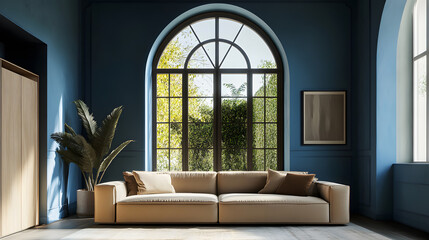 Stylish room with large arched window and sofa.