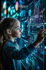 Obraz premium A young girl looking at a computer screen with a futuristic interface