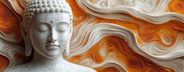 Serene Buddha Statue Against Abstract Orange and White Swirling Background