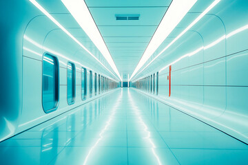 Naklejka premium Futuristic hallway with sleek walls, glowing lights, and a minimalistic high-tech design creating a bright and sterile environment